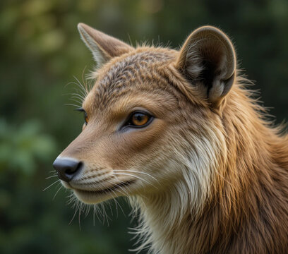 Closeup portrait of a mythical foxlike creature with golden fur in a natural forest setting