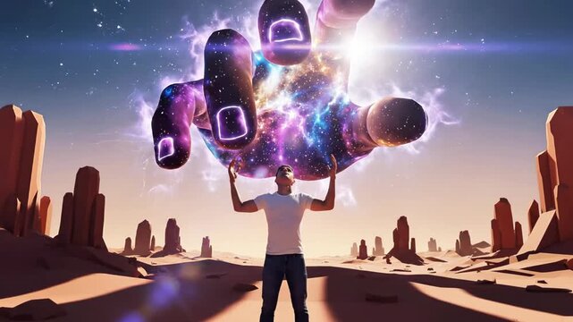 A man in a desert landscape gazes up at a colorful, glowing hand