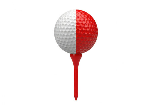 Red and white golf ball on a red tee isolated on transparent background