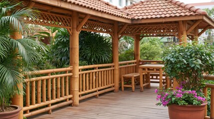 Fototapeta premium Exotic Asian Bamboo Gazebo with Tropical Plants and Red Tiled Roof in a Serene Garden Setting