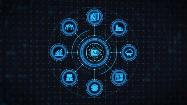 Animated AI Technology Dashboard with Digital Network, Business Analytics and Data Visualization Interface