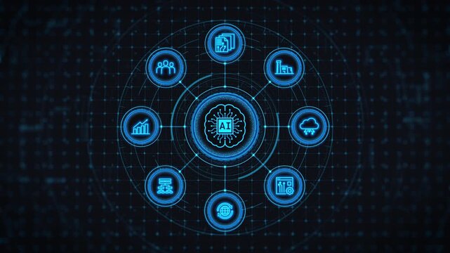 Animated AI Technology Dashboard with Digital Network, Business Analytics and Data Visualization Interface