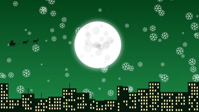 Santa claus flying in sleigh over city skyline with full moon and snow