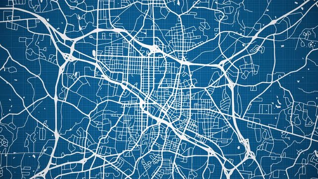 Ink reveal animation of Durham city, North Carolina (NC), United States of America, grid map. Aerial top view. Blueprint style. White lines with blue background. 4K Seamless loop.