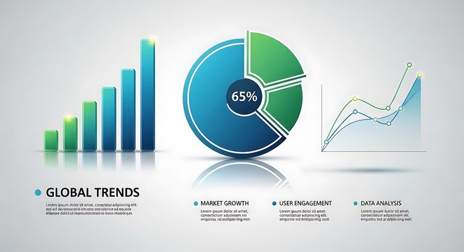 Business infographic elements featuring colorful bar charts pie graph and line charts for data analysis reporting on white background