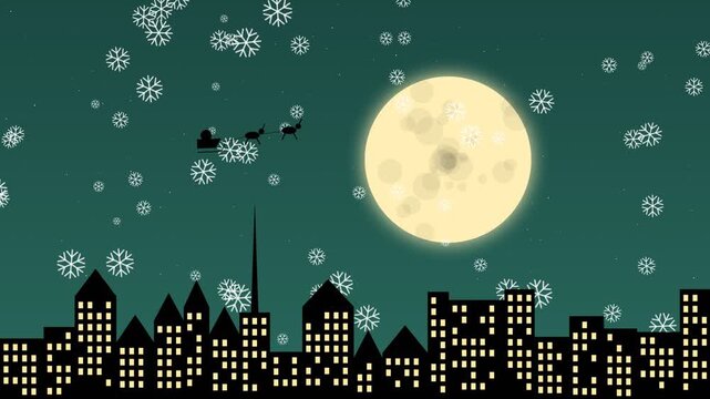 Santa sleigh flying over city skyline with full moon and falling snowflakes