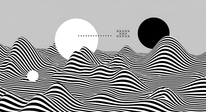 Black and white abstract geometric landscape with sun and moon circles geometric landscape abstract minimalist monochrome illusion contrast background backdrop creative