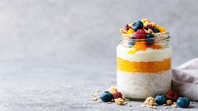 Layered healthy breakfast parfait with yogurt, fruit, and granola in a glass jar on a grey background