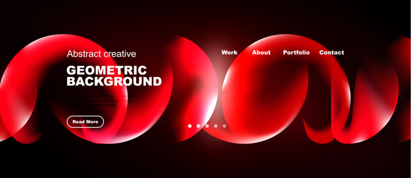 Red abstract shapes dominate dark background. Website header includes navigation options, button for more info. Modern design.