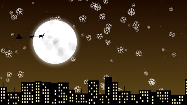 Santa claus sleigh flying over city skyline with full moon and falling snow