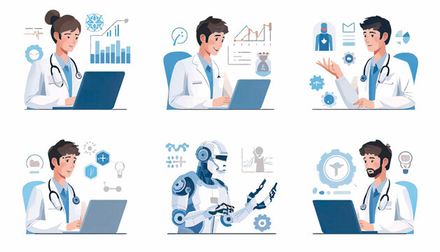 Female doctor working with digital healthcare technology, showing modern medical consultation, electronic systems, patient support, and professional healthcare management