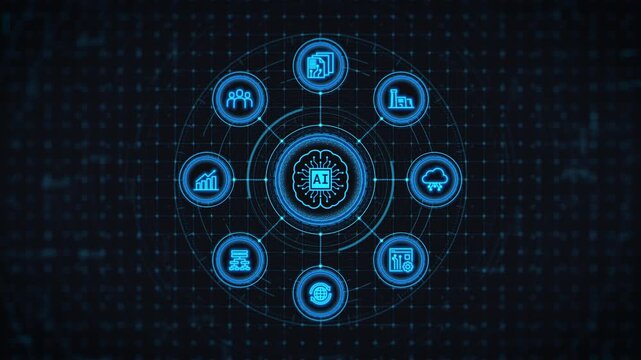 Futuristic HUD interface Artificial intelligence and AI brain concept integrated with business management icon network. Abstract digital background