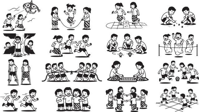 Diverse children playing traditional outdoor games and activities