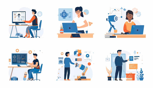 Artificial intelligence robot working with computer interface in modern office environment. Concept of automation, digital transformation, machine learning, and future technology solutions 