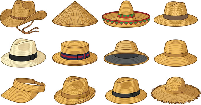 Isometric Straw Hat Collection Featuring Cowboy Fedora Panama Sombrero Asian Conical Sun Hats and Summer Headwear Icons Isolated on White
