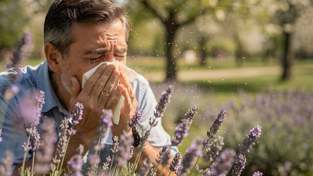 Mature man sneezing into tissue surrounded by blooming lavender flowers