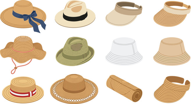 Isometric Straw Hat Collection Featuring Sun Hats Bucket Hats Visors Panama Styles and Woven Summer Headwear Icons Isolated on White