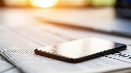 Modern Smartphone Resting on Newspaper with Blurred Sunlight Glare - Business News Update © Generative AI