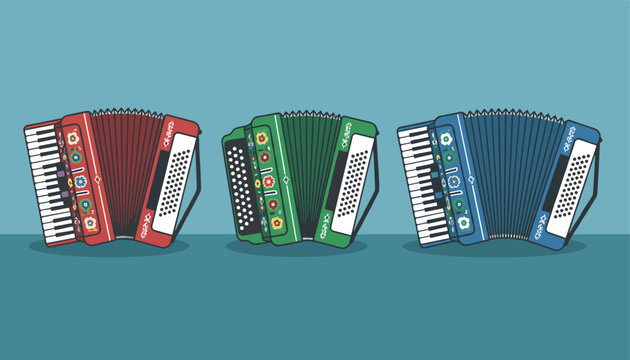 Three folk accordions in vibrant red green and blue colors with floral decorations aligned on a teal background.