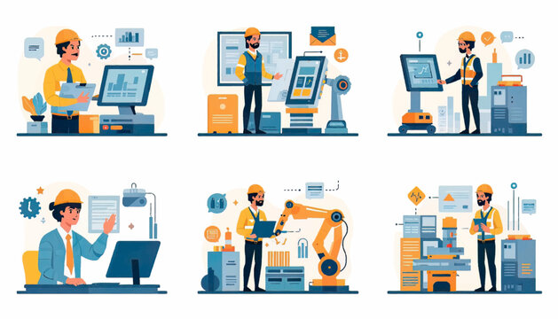 Technician monitoring robotic machinery with digital control interface in modern factory environment. Industrial automation concept representing smart manufacturing, production efficiency, engineering