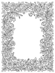 Obraz premium Intricate Rose Vine Border Coloring Page for Adults Black and White Line Art