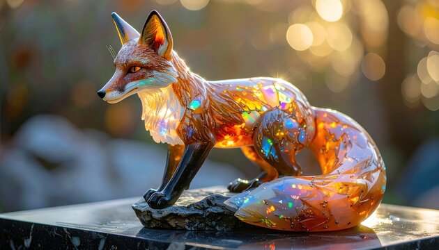 Exquisite Glass Fox Sculpture with Vibrant Iridescent Colors.