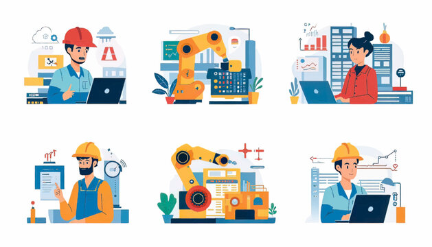 Smart factory illustration featuring robotic equipment, digital screens, and industrial monitoring system. Concept of advanced manufacturing, automation technology, production management