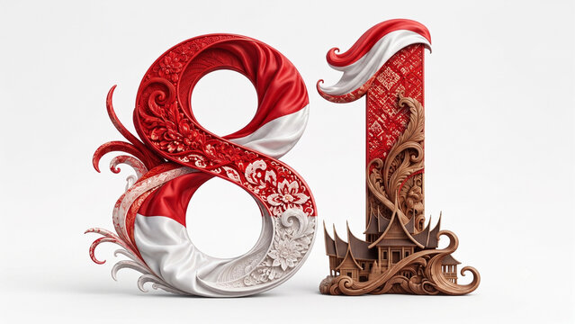 Elegant 3D typography number 81 featuring Indonesian red and white flag fabric and traditional wood carving house isolated on white background