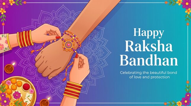 Happy Raksha Bandhan, Rakhi festival background design. Vector illustration of brother and sister hands with rakhi bond of love and care.