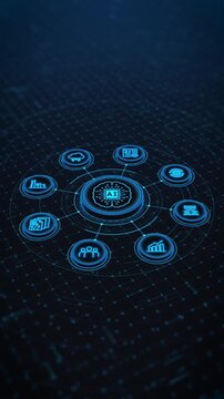 Futuristic HUD interface Artificial intelligence and AI brain concept integrated with business management icon network. Abstract digital loop background