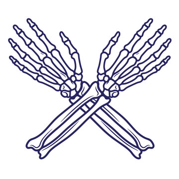 Pair of crossed human forearm bones, dark blue line on at-shirt poster white background, anatomical for tattoo, emblem, or pirate symbol