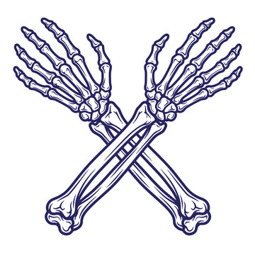 Pair of crossed human forearm bones, dark blue line on at-shirt poster white background, anatomical for tattoo, emblem, or pirate symbol