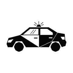 Police car vector icon in minimalist black and white style. Emergency vehicle silhouette with siren light. Law enforcement patrol car graphic for security and public safety design. © Kazi Studio