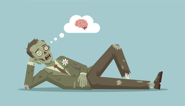 Relaxed zombie wearing a tattered suit lies down while dreaming about a tasty pink brain in a white thought bubble.
