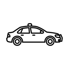 Police car line icon vector, minimalist law enforcement vehicle profile, black and white emergency patrol car symbol, modern sedan cruiser graphic for security and public safety © Kazi Studio