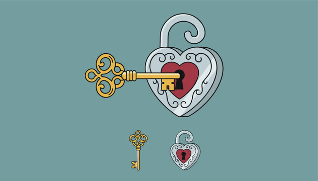 Romantic silver heart shaped padlock with a golden vintage key inserted into the lock on a dark teal background.