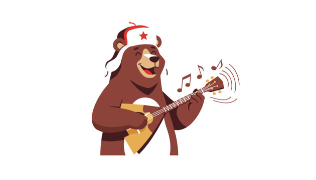 Joyful Russian brown bear mascot wearing an ushanka hat plays the balalaika and sings musical notes in vector art.
