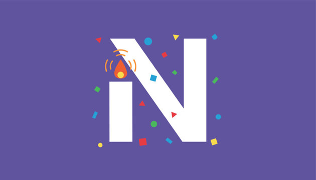 Creative letter N graphic design styled with a candle flame and festive colorful confetti on a purple background.