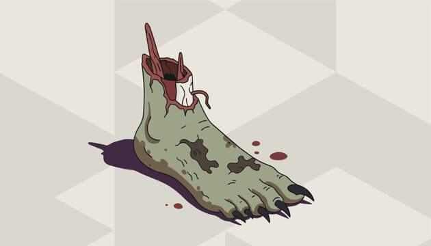 Severed zombie foot with green rotting skin bone sticking out and black claws in isometric pixel art style.