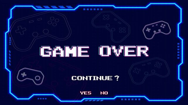 GAME OVER arcade game screen features a retro 8-bit pixelated style, complete with blue grid interface, health bar, high score bar, and keystroke text. It's perfectly suited for classic retro game UI