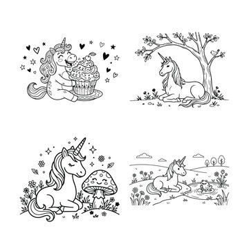 Cute unicorn coloring pages for kids set isolated on white background, Vector