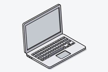 Fototapeta premium Open laptop computer viewed from a high-angle side perspective with a grey screen and grey keys on a light background.
