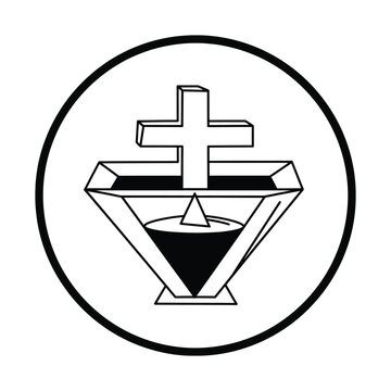Christian religious cross and chalice vector icon, black and white church symbol in circle, spiritual communion and holy grail illustration for baptism or worship materials
