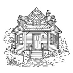 Naklejka premium Charming Cottage House Coloring Page for Kids and Adults Illustration