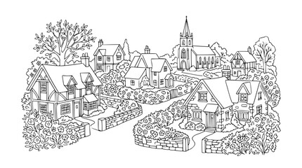 Naklejka premium Hand Drawn English Village Landscape Coloring Page with Cottages and Church