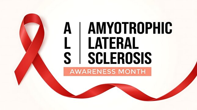 Als awareness month poster design with red ribbon symbol and text for amyotrophic lateral sclerosis condition support campaign graphic for health medical charity non profit event.