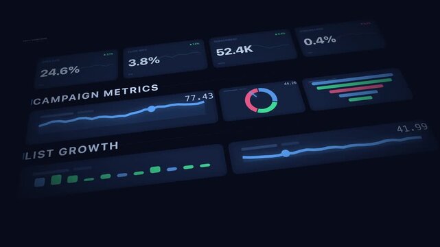 Dynamic email marketing animation with envelopes, graphs, and vibrant colors representing campaigns