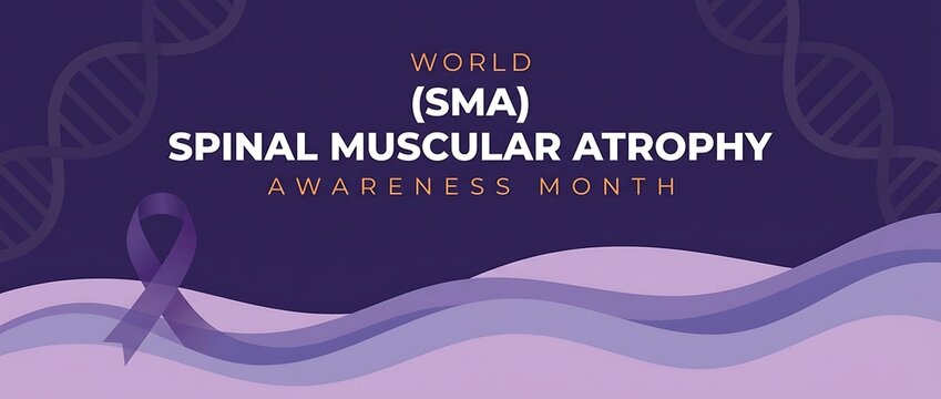 Spinal muscular atrophy awareness month banner design featuring purple ribbon dna helix graphics and soft fluid wave shapes on gradient background for medical health community support.
