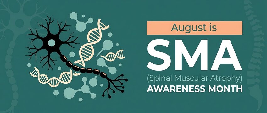 August SMA spinal muscular atrophy awareness month scientific illustration with neuron dna strand and medical icons on teal background.