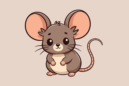 Adorable cartoon mouse with big round ears and a long pink tail stands happily against a soft beige background.